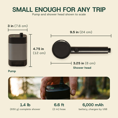 Camp shower size and weight: pump 3 x 4.75 in (7.6 x 12 cm), shower head 9.5 x 3.25 in (24 x 8 cm), hose 6.6 ft (2 m), 1.4 lb (650 g)