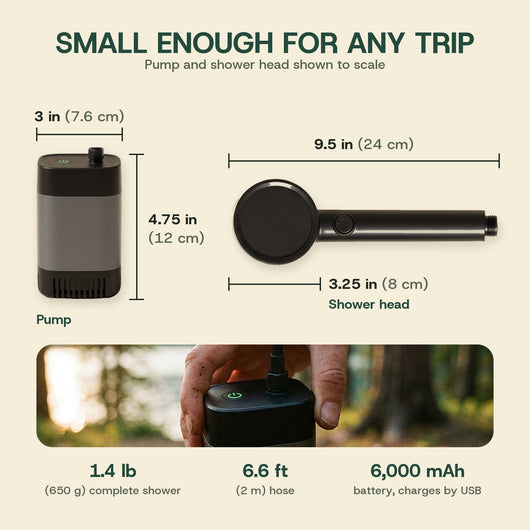 Camp shower size and weight: pump 3 x 4.75 in (7.6 x 12 cm), shower head 9.5 x 3.25 in (24 x 8 cm), hose 6.6 ft (2 m), 1.4 lb (650 g)