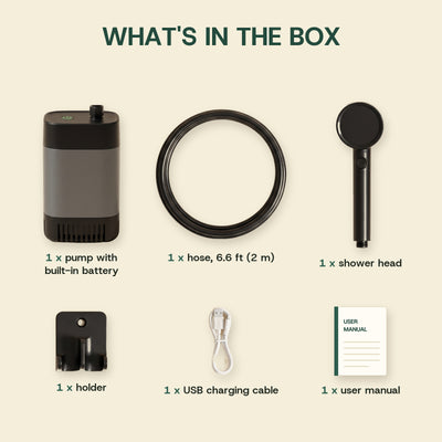 What's in the box: pump with built-in battery, shower head, 6.6 ft (2 m) hose, holder, USB charging cable and user manual