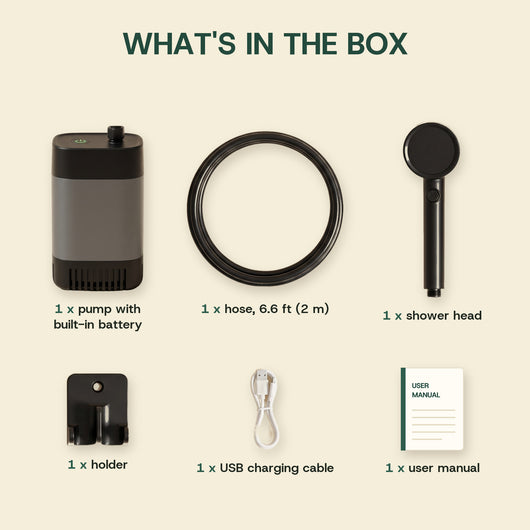 What's in the box: pump with built-in battery, shower head, 6.6 ft (2 m) hose, holder, USB charging cable and user manual