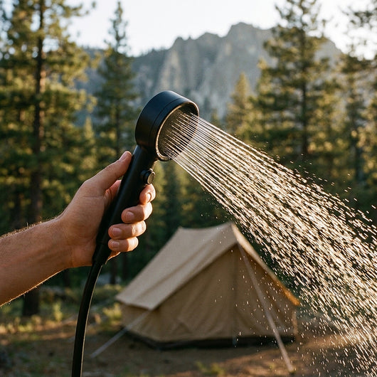 Hand holding the black shower head with fine water jets spraying in evening light at a forest campsite