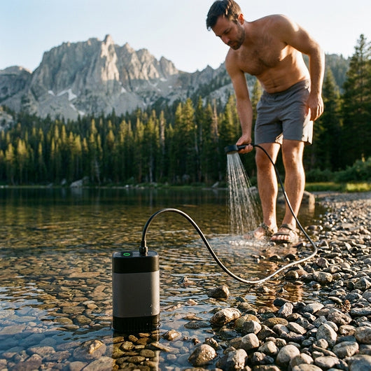 Pump standing in the clear shallows of a mountain lake while a man rinses his sandals with the shower head