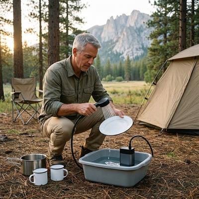 Man rinsing an enamel plate with the camp shower at a forest campsite, the pump standing in a wash basin