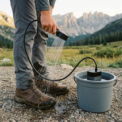 Hiker rinsing mud off leather hiking boots with the camp shower, the pump standing in a bucket at a mountain trailhead