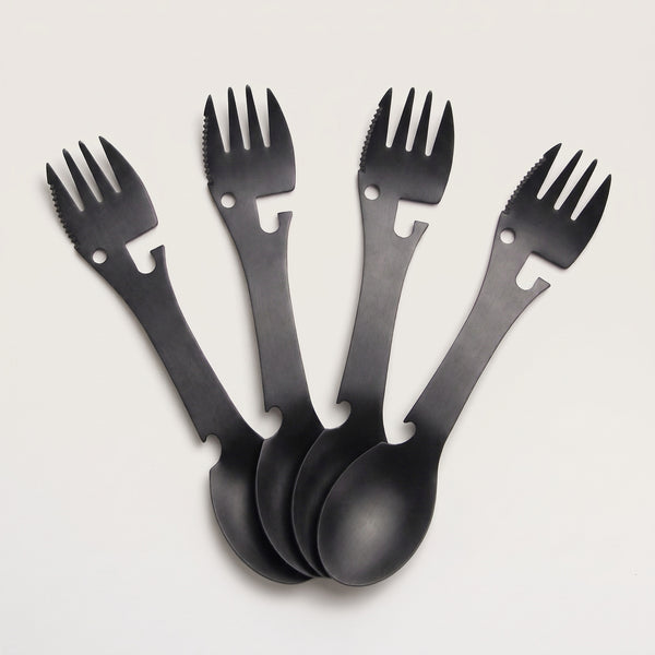 Four black 5-in-1 camping sporks fanned out, each with a spoon at one end and a fork with a serrated edge at the other