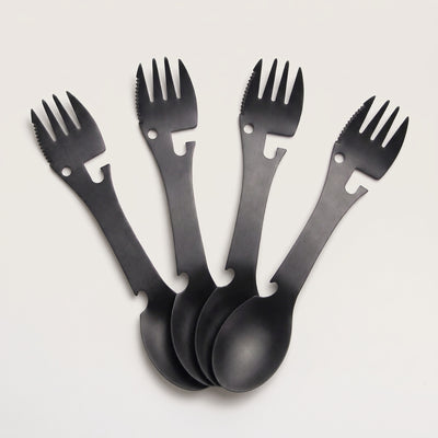 Four black 5-in-1 camping sporks fanned out, each with a spoon at one end and a fork with a serrated edge at the other