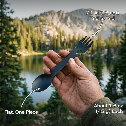 Black camping spork held in a hand by a mountain lake: 7.1 in (18 cm) end to end, about 1.6 oz (45 g) each, flat and in one piece