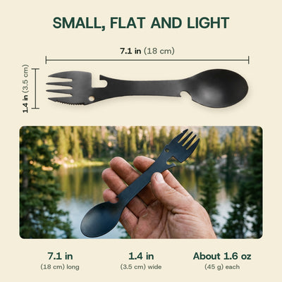 Size and weight of the camping spork: 7.1 in (18 cm) long, 1.4 in (3.5 cm) wide, about 1.6 oz (45 g) each, shown in an adult hand