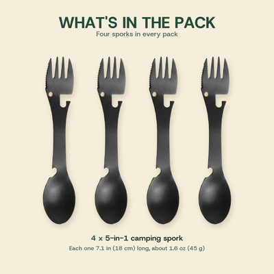 What's in the pack: four 5-in-1 camping sporks, each 7.1 in (18 cm) long and about 1.6 oz (45 g)