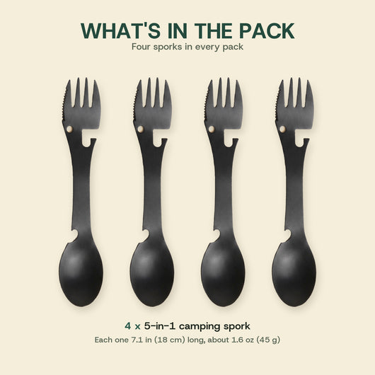 What's in the pack: four 5-in-1 camping sporks, each 7.1 in (18 cm) long and about 1.6 oz (45 g)