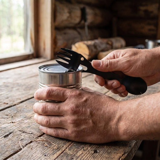 Hands opening an unlabeled can with the can opener notch of the camping spork on a wooden table