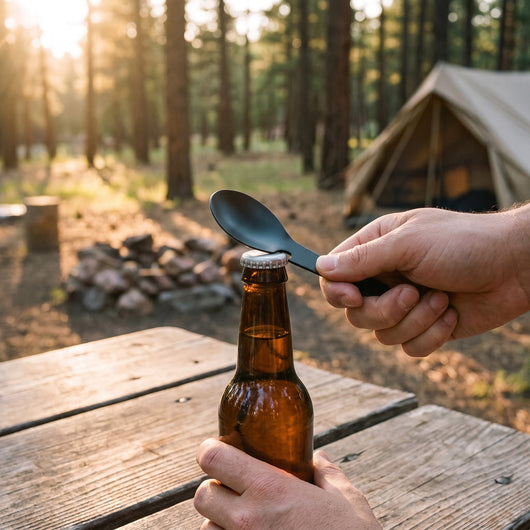 Camping spork opening a bottle cap at a picnic table in a pine forest campsite