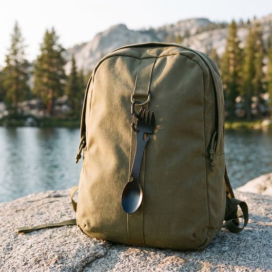 Black camping spork hanging from a carabiner on an olive backpack beside an alpine lake. Carabiner not included