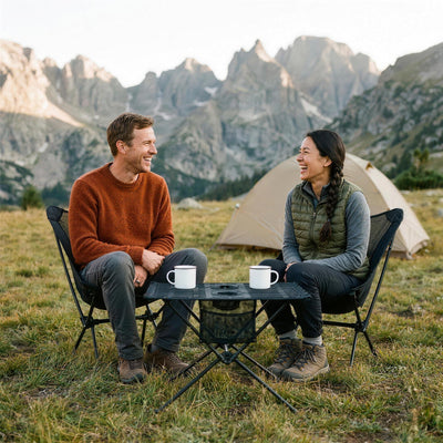 Two campers laughing in camp chairs with the folding camping table between them in a mountain meadow