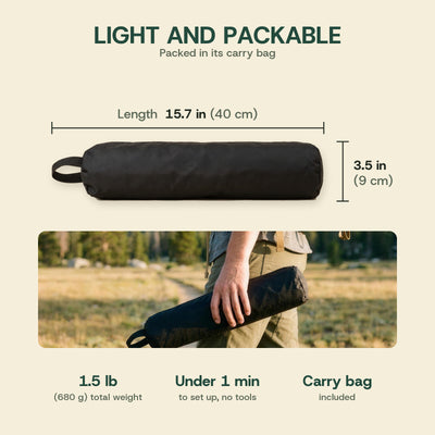 Packed size and weight of the folding camping table: 15.7 x 3.5 in (40 x 9 cm) in its carry bag, 1.5 lb (680 g)