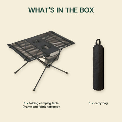 What's in the box: 1 folding camping table with frame and fabric tabletop, and 1 carry bag