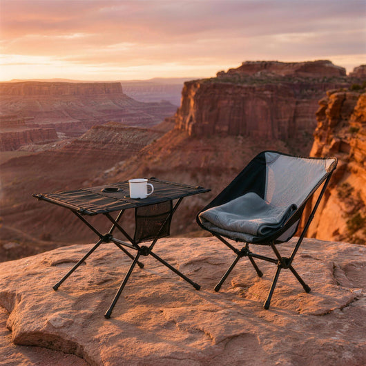 Folding camping table with a mug in the cup holder beside a camp chair on a canyon rim at sunset