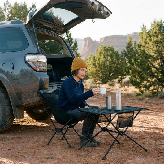 Woman in a camp chair beside an SUV at a desert trailhead, taking a mug from the folding camping table