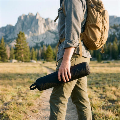 Hiker carrying the packed folding camping table in its slim black carry bag along a meadow path